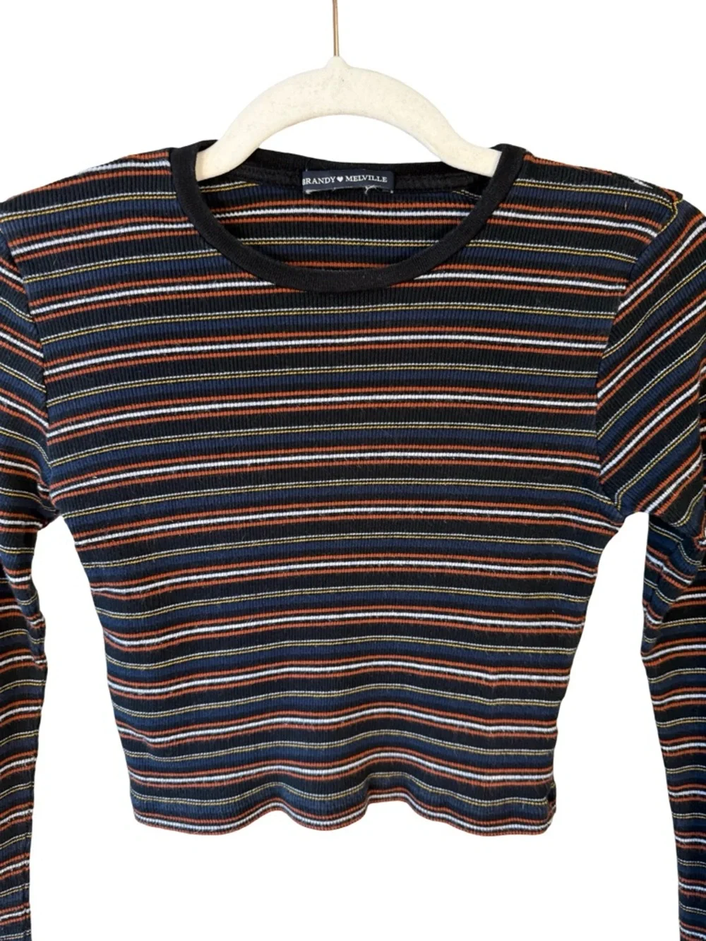 Brandy Melville Black Multi-Stripe Long Sleeve Cropped Top Size XS Y2K Stretch - Picture 9 of 10